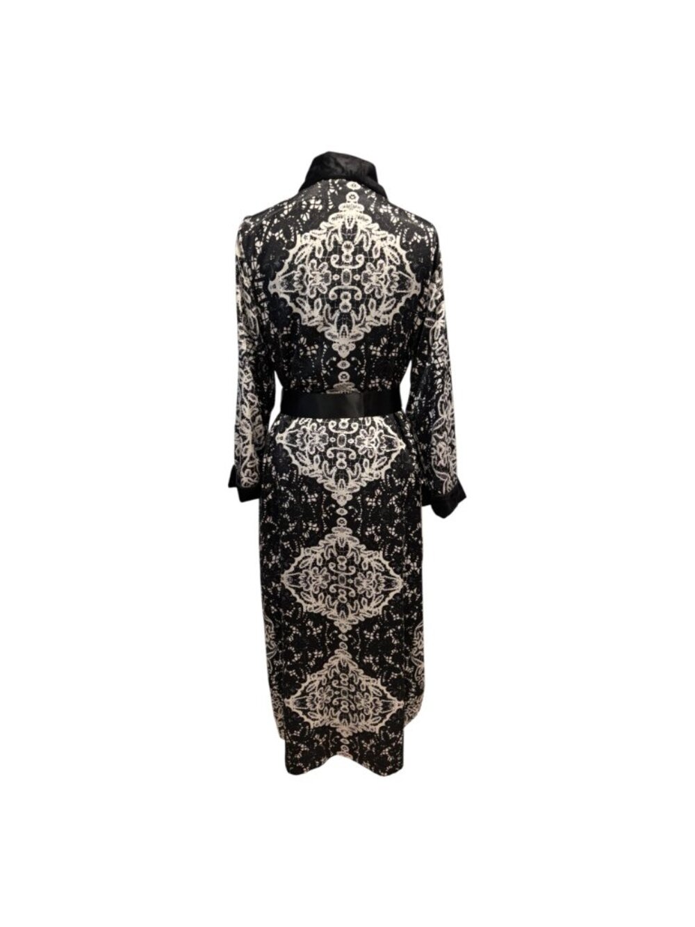 Oscar de la Renta Long Robe M Black Ivory Lace Print Satin Trim Belted 54” - Picture 4 of 9